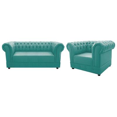 Poltrona e Namoradeira Chesterfield Ana Suede Azul Tiffany