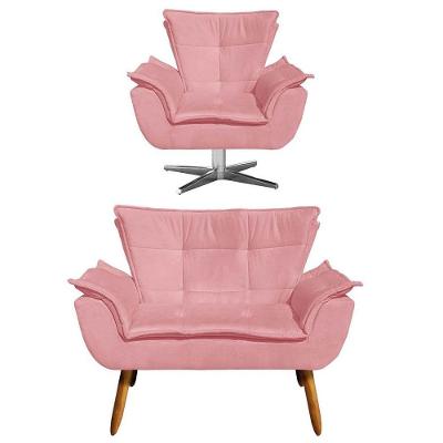 Kit Namoradeira 2 Lugares E 1 Poltrona Decorativa Giratória Cromada Opla Suede Rose - Ibiza