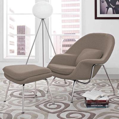 Poltrona Womb Chair Com Puff Cromada Linho Bege Cor Bege