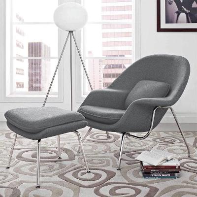 Poltrona Womb Chair Com Puff Cromada Linho Cinza Cor Cinza