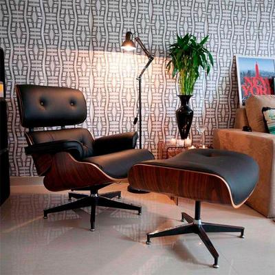 Poltrona Charles Eames Com Puff Couro Legítimo Preto Cor Preto