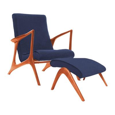Poltrona Decorativa Com Puff Vk Anos 50 Tecido Linho Azul Cor Amarelo