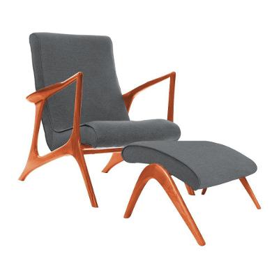 Poltrona Decorativa Com Puff Vk Anos 50 Tecido Linho Cinza Cor Cinza