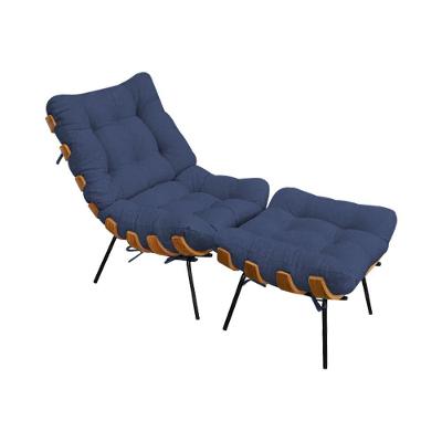 Poltrona Costela Com Puff Em Linho Azul Cor Azul