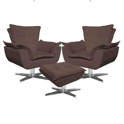 Kit 2 Poltronas Decorativas Base Giratória Cromada Com Puff Opla Suede Marrom - Ibiza