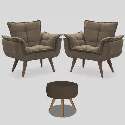 Kit 2 Poltronas Opalas Com Puff Redondo Suede Cappucino