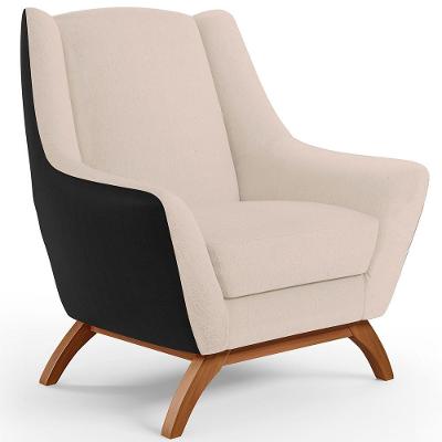 Poltrona Base Em Madeira Corano Preto C-05 Linho Bege C-107