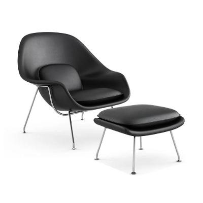 Poltrona Womb Chair Com Puff Cromada Sintético Preto Cor Preto