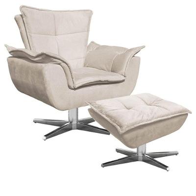 Poltrona Decorativa Base Giratória Cromada Com Puff Opla Suede Bege - Ibiza