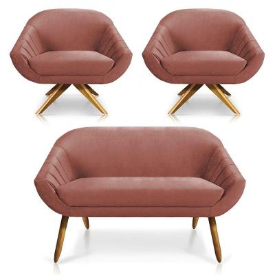 Kit 01 Namoradeira 02 Lugares E 02 Poltronas Giratória Giovana Veludo Rose Base Madeira
