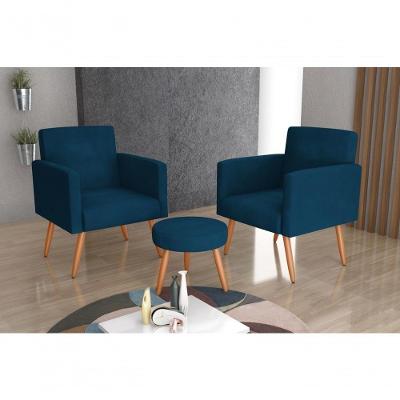 Conjunto 02 Poltronas Decorativas E 1 Puff Dallas - Veludo Turkey Petroleo