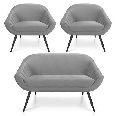 Kit 01 Namoradeira 02 Lugares E 02 Poltronas Giovana Veludo Cinza Pés Palito De Ferro