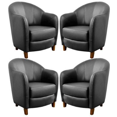 Kit 4 Poltronas Decorativas Sala de Estar Pés Madeira Kairós Couro Preto Gran Belo