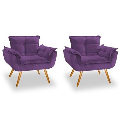 Kit 2 Poltronas Opalas Com Puff Redondo Suede Roxo