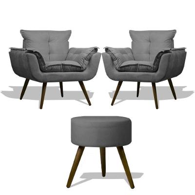 Kit 2 Poltronas Opalas Com Puff Redondo Suede Grafite