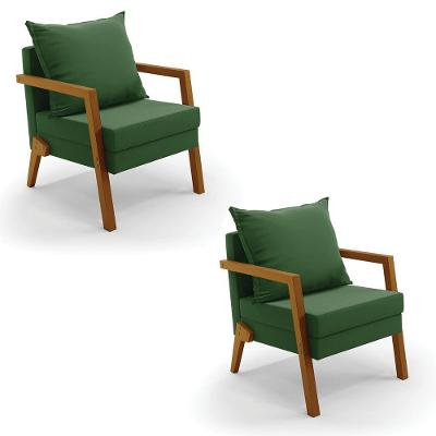 Kit 02 Poltronas Alice Suede Base De Madeira Cor Verde