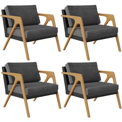 Kit 04 Poltronas Pietra Couríssimo Preto Linho Cinza Escuro