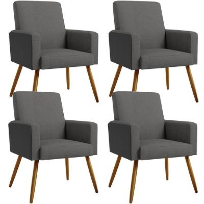 Kit 04 Poltronas Pés Palito Linho Cinza Couríssimo Preto