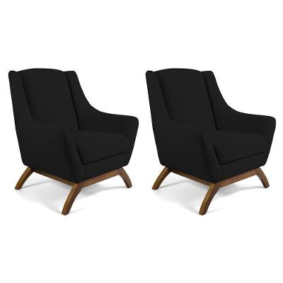 Kit 02 Poltronas Fixa Base De Madeira Veludo Preto C-300