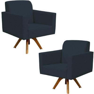 Kit 02 Poltronas Giratória Base Madeira Suede Azul Marinho