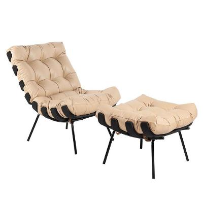 Poltrona E Puff Decorativos Sala De Estar Costela Base Preta Couro Bege - Gran Belo