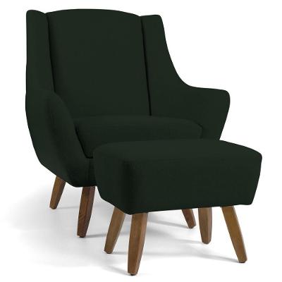 Poltrona Decorativa com Puff Sala de Estar Pés de Madeira Naomi Veludo Verde Musgo Gran Belo