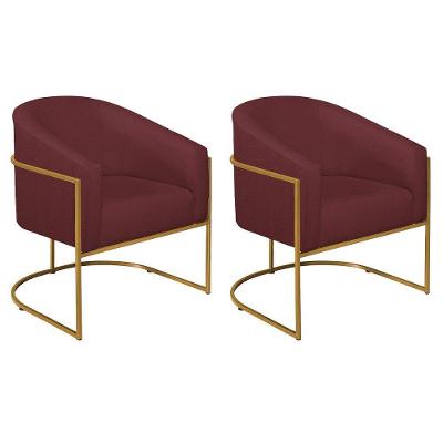 Kit 02 Poltronas Decorativas Luiza Base De Ferro Dourado Suede - Amarena Móveis Bordô