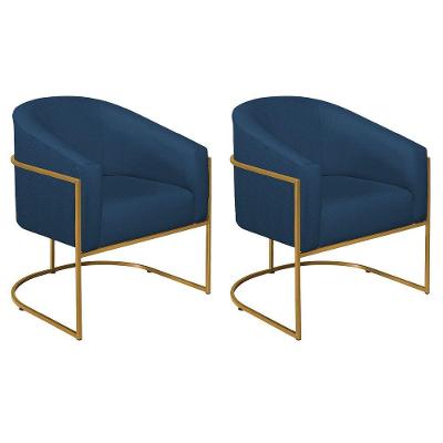 Kit 02 Poltronas Decorativas Luiza Base De Ferro Dourado Suede - Amarena Móveis Azul Marinho