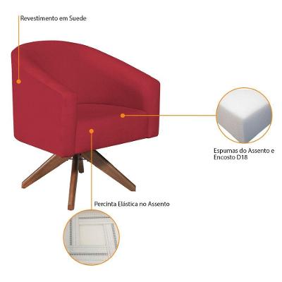 Kit 02 Poltronas Decorativas Luiza Base Giratória De Madeira Suede - Amarena Móveis Vermelho