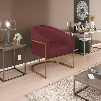 Poltrona Decorativa Luiza Base De Ferro Dourado Suede - Doce Sonho Móveis Bordô