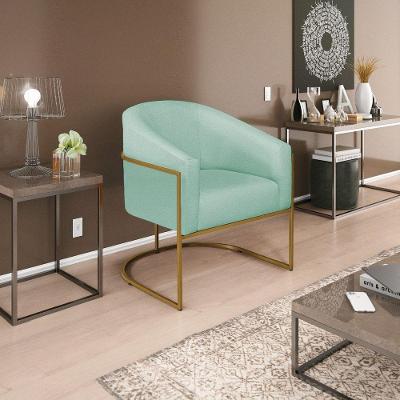 Poltrona Decorativa Luiza Base De Ferro Dourado Suede - Doce Sonho Móveis Azul Tiffany