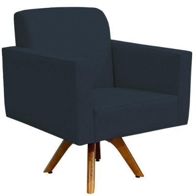 Poltrona Giratória Base De Madeira Suede Azul Marinho