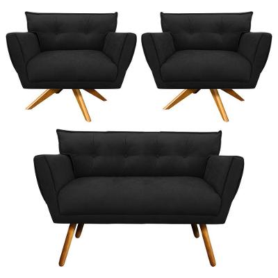 Kit 01 Namoradeira E 02 Poltronas Anitta Suede Preto