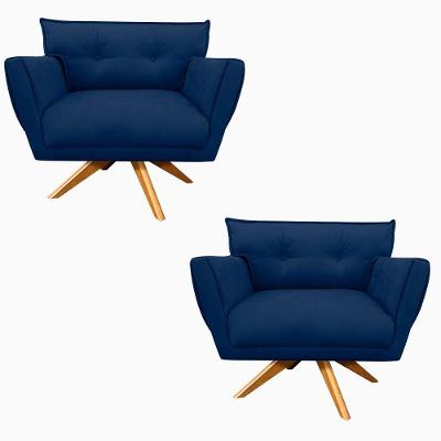 Kit 02 Poltronas Giratória Suede Base Madeira Azul Marinho