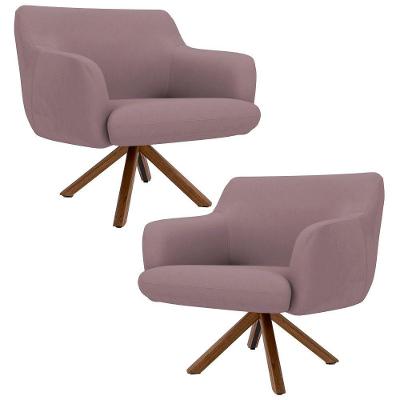 Kit 2 Poltronas Giratórias Base Madeira Veludo Rosê