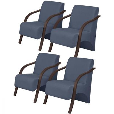 Kit 4 Poltronas 1 Lugar Vênus Pé Madeira D Salla Azul Bic