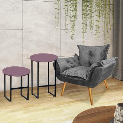 Kit Poltrona Opala Com 2 Mesas Will Ferro Preto Tampo Redondo Rose Suede Cinza - Ahazzo Móveis
