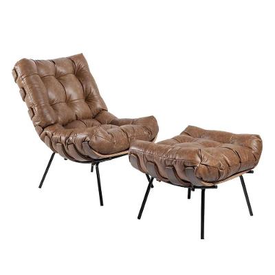 Poltrona e Puff Decorativos Sala de Estar Costela Couro Mel