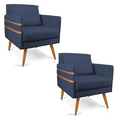 Kit 02 Poltronas Mari Suede Pés Palito Castanho Azul Marinho