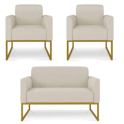Kit 01 Namoradeira 02 Lugares E 02 Poltronas Marisa Linho Base Industrial Metálica Dourado Cor A19 Grosso Bege