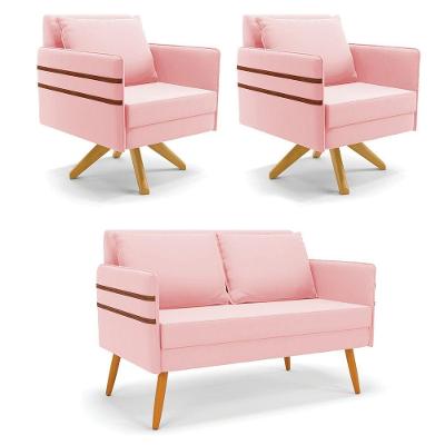 Kit 01 Namoradeira 02 Lugares E 02 Poltronas Mari Suede Base De Madeira Ma30 - D'Rossi Rosa Bebê
