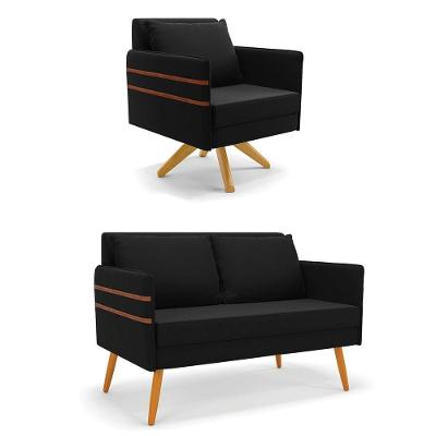 Kit 01 Namoradeira 02 Lugares E 01 Poltrona Mari Suede Preto Base De Madeira Ma30 - D'Rossi