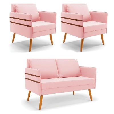 Kit 01 Namoradeira E 02 Poltronas Suede Castanho Rosa Bebê