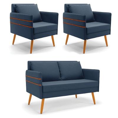 Kit 01 Namoradeira E 02 Poltronas Suede Azulnho Castanho