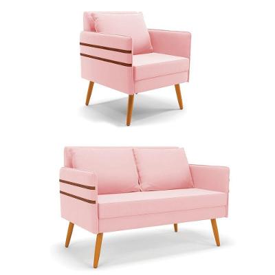 Kit 01 Namoradeira E 01 Poltrona Suede Rosa Bebê Castanho