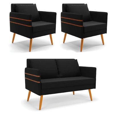 Kit 01 Namoradeira E 02 Poltronas Suede Castanho Preto