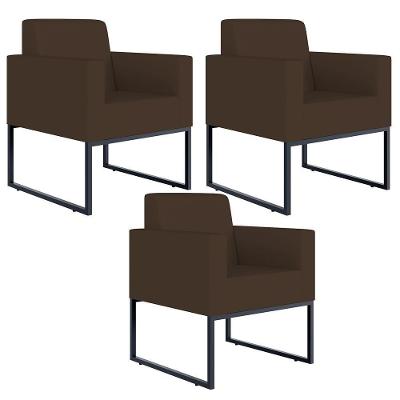 Kit 03 Poltronas Base Fixa De Metal Suede Marrom