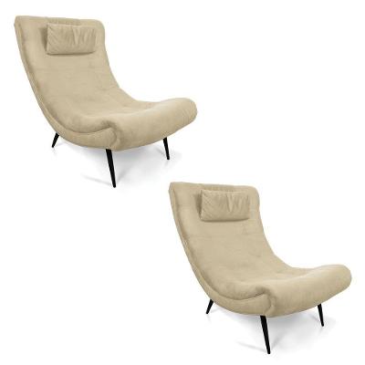 Kit 02 Poltronas Sher Suede Pés Palito De Ferro Bege