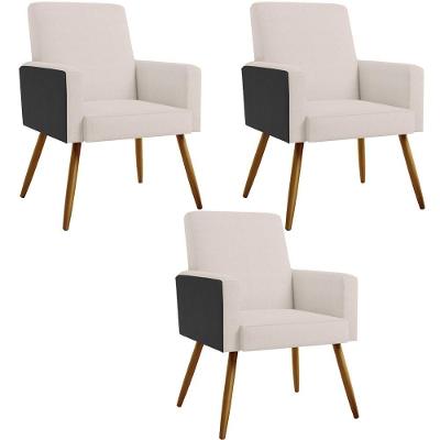 Kit 03 Poltronas Pés Palito Linho Cru Couríssimo Preto