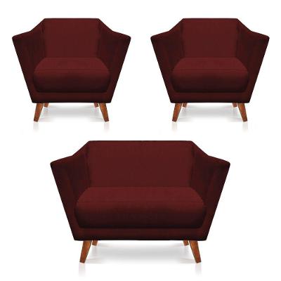 Kit 2 Poltronas E Namoradeira Pérsia Suede Pés Chanfrado Castanho - Pallazio Cor Marsala